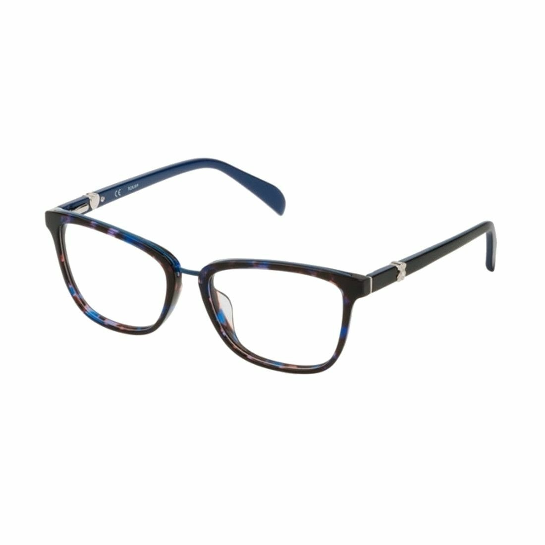 Tous VTOA38S-06DQ Shiny Havana Blue Square Women's Acetate Eyeglasses displayed elegantly with a shiny finish.